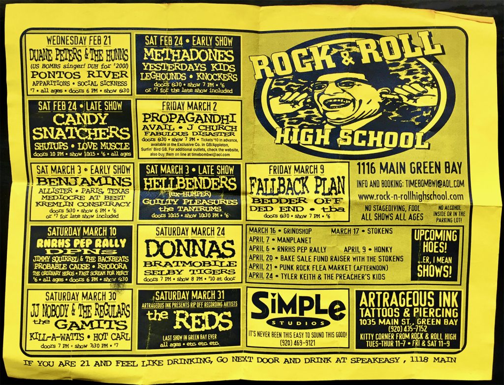 Flyer from Rock and Roll High School on Main Street in Green Bay